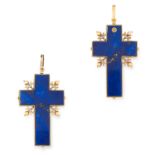 AN ANTIQUE LAPIS LAZULI CROSS PENDANT set with a carved lapis lazuli in a foliate border, tests as