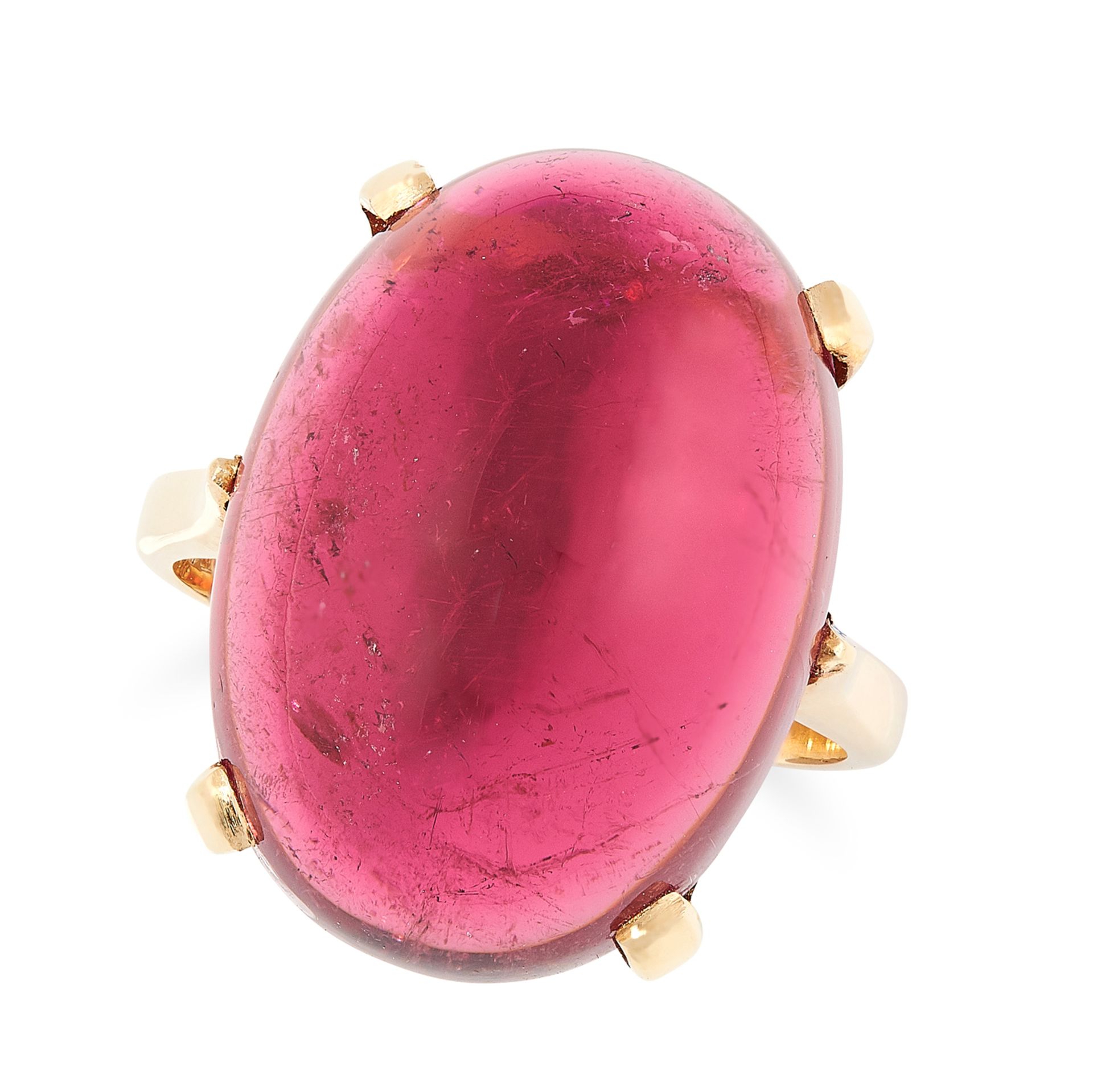 A PINK TOURMALINE DRESS RING in 18ct yellow gold, set with an oval cabochon pink tourmaline of 27.80