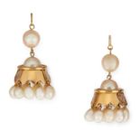 A PAIR OF INDIAN PEARL AND DIAMOND DROP EARRINGS each set with a central pearl within a decorative