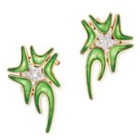 A PAIR OF ENAMEL AND DIAMOND EARRINGS in abstract design, decorated with green enamel and round
