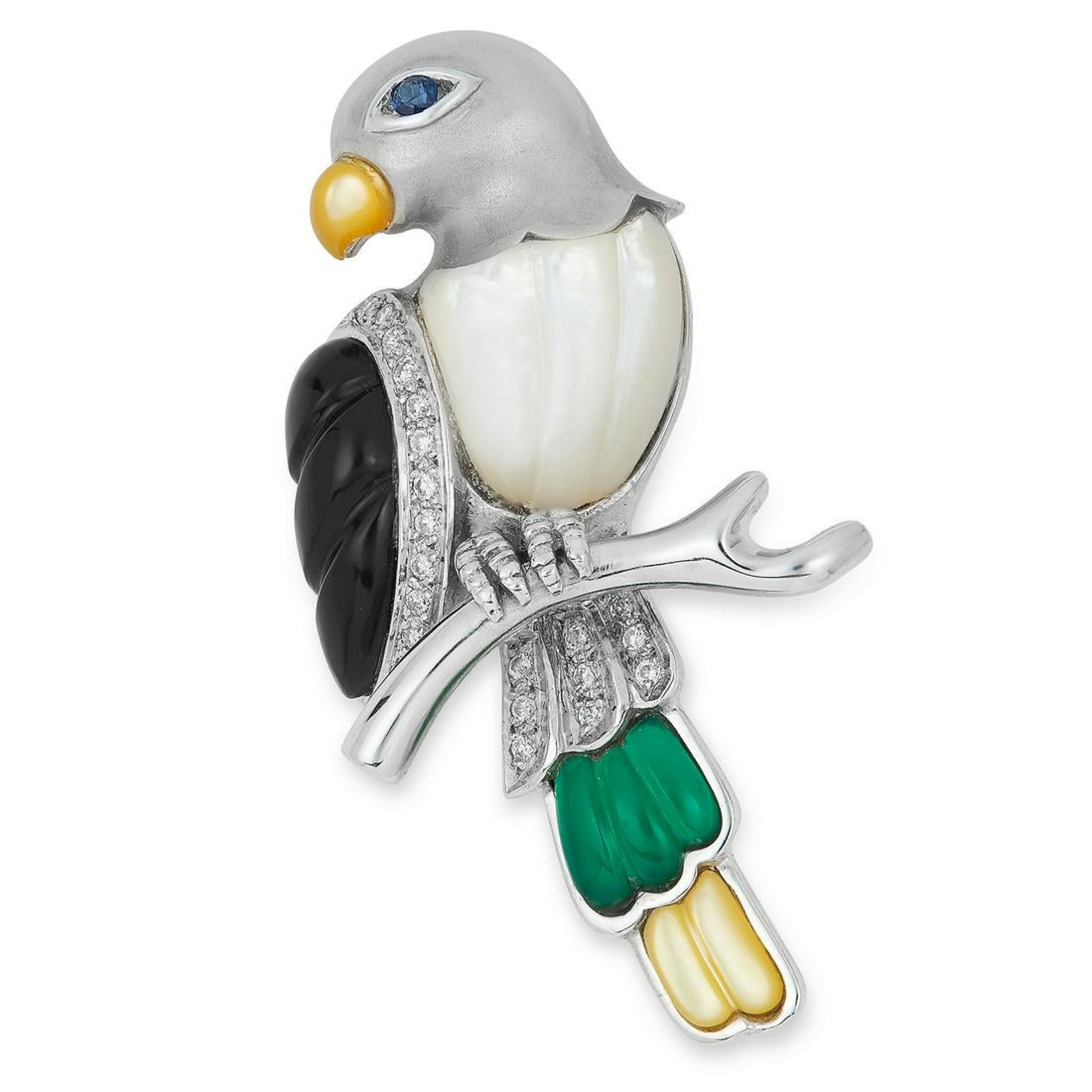 A GEMSET PARROT BROOCH set with multi coloured hardstones, onyx and a round cut sapphire, 4.7cm,