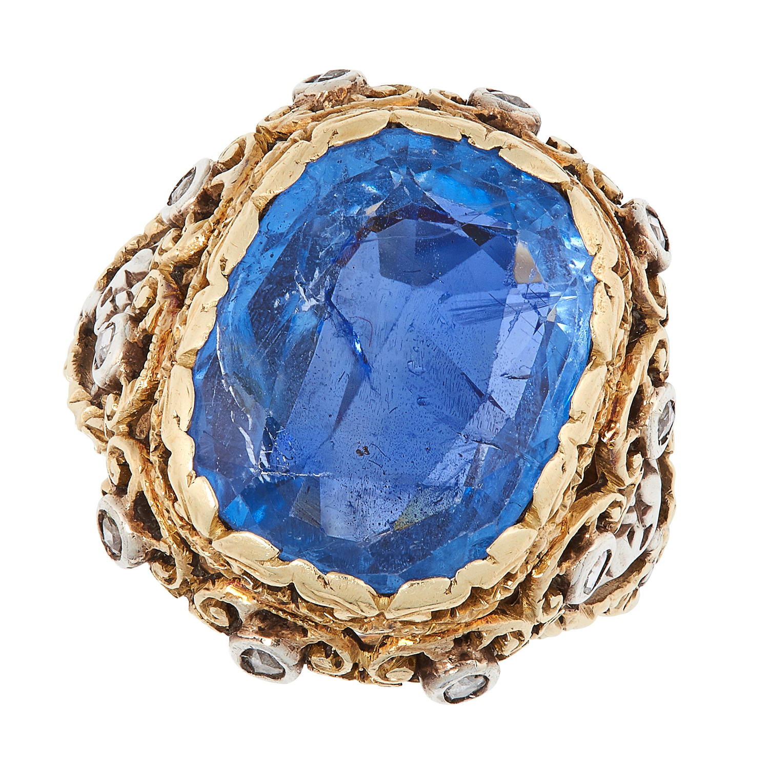 A CEYLON NO HEAT SAPPHIRE AND DIAMOND RING in 18ct yellow gold and silver, in the manner of