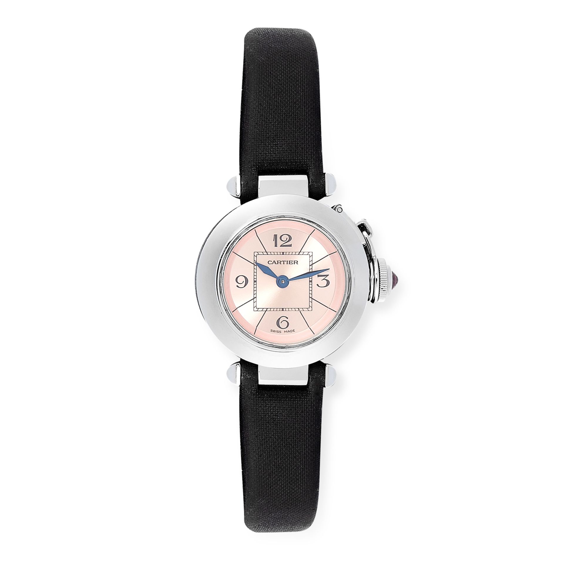 A LADIES 'PASHA' WATCH, CARTIER in stainless steel, with pink dial and black strap, signed