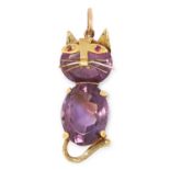 A VINTAGE AMETHYST AND RUBY CAT PENDANT, 1970s set with two oval cut amethysts forming the body