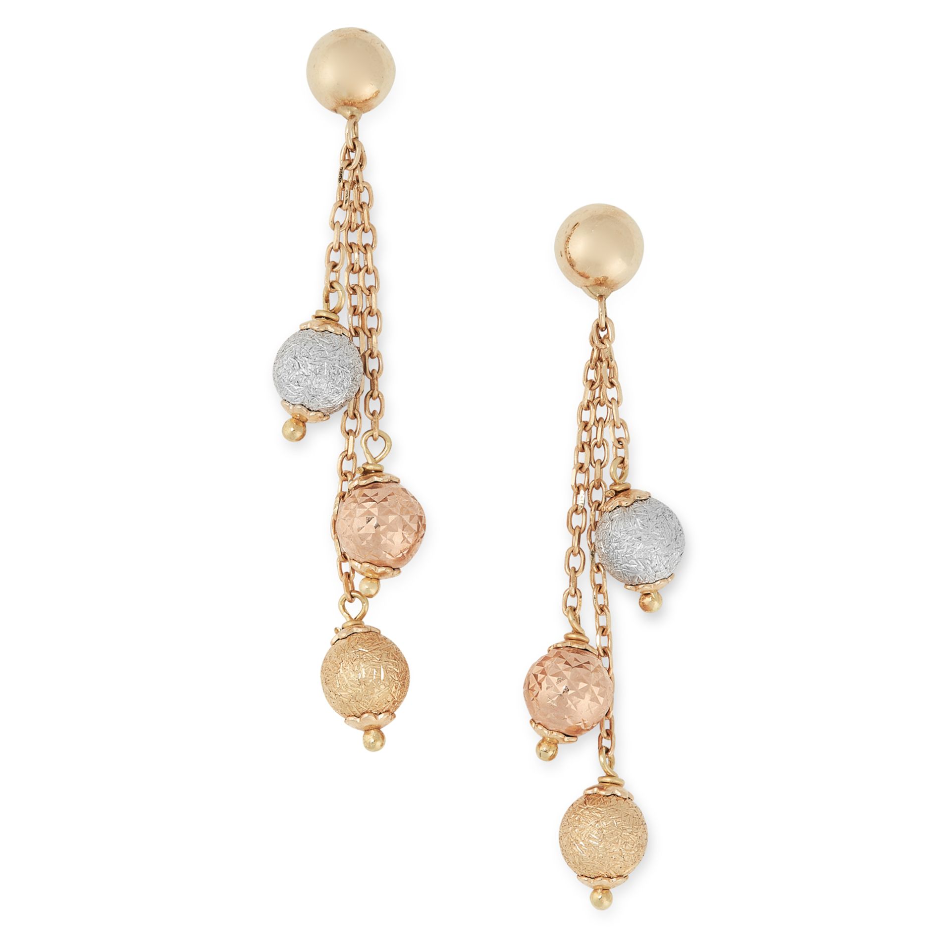 A PAIR OF TRICOLOUR GOLD DROP EARRINGS in white, yellow and rose gold, each set with a white, yellow