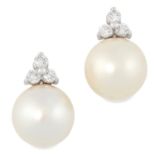 A PAIR OF PEARL AND DIAMOND EARRINGS each set with of a trio of round cut diamonds totalling 0.7-0.8