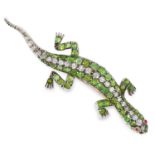 AN ANTIQUE DEMANTOID GARNET, DIAMOND AND RUBY SALAMANDER BROOCH in gold and silver, set with cushion