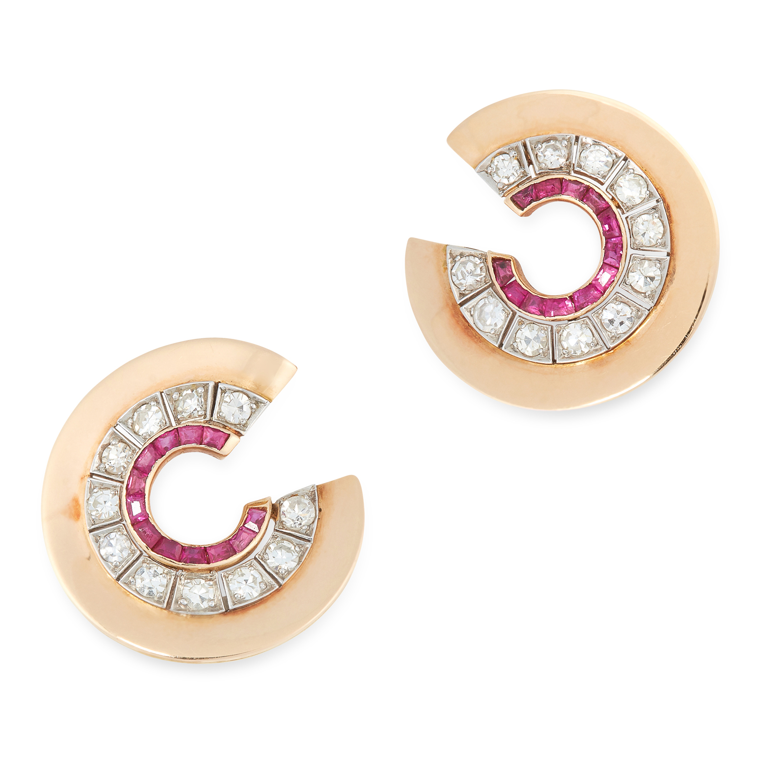 A PAIR OF RETRO SYNTHETIC RUBY AND DIAMOND EARRINGS, 1940s in 18ct yellow gold, each designed as