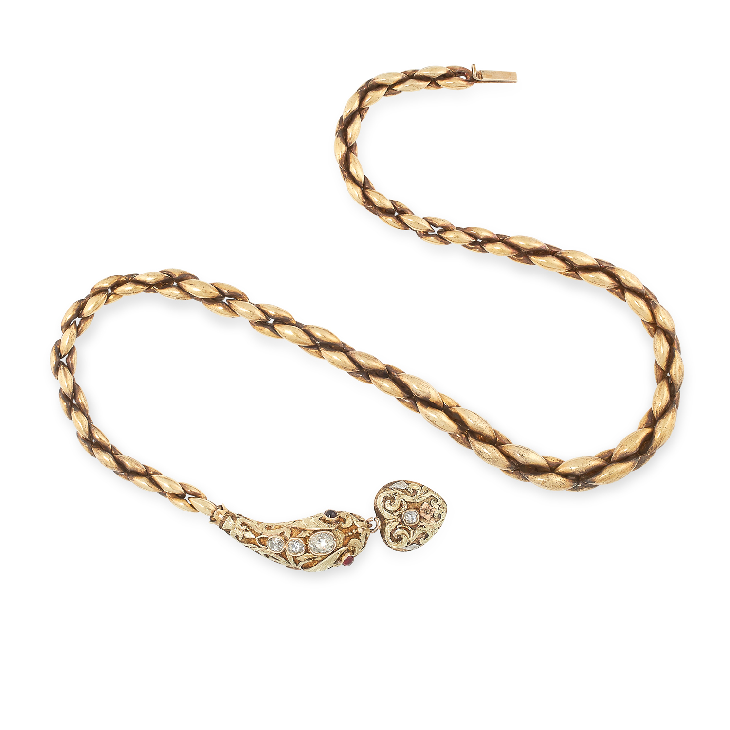 AN ANTIQUE DIAMOND AND GARNET SNAKE NECKLACE in high carat yellow gold, comprising a fancy link