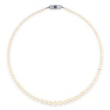 AN ANTIQUE PEARL, SAPPHIRE AND DIAMOND NECKLACE comprising a single row of graduated natural