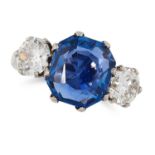 A BURMA NO HEAT SAPPHIRE AND DIAMOND RING in 18ct white gold, set with a mixed octagonal cut