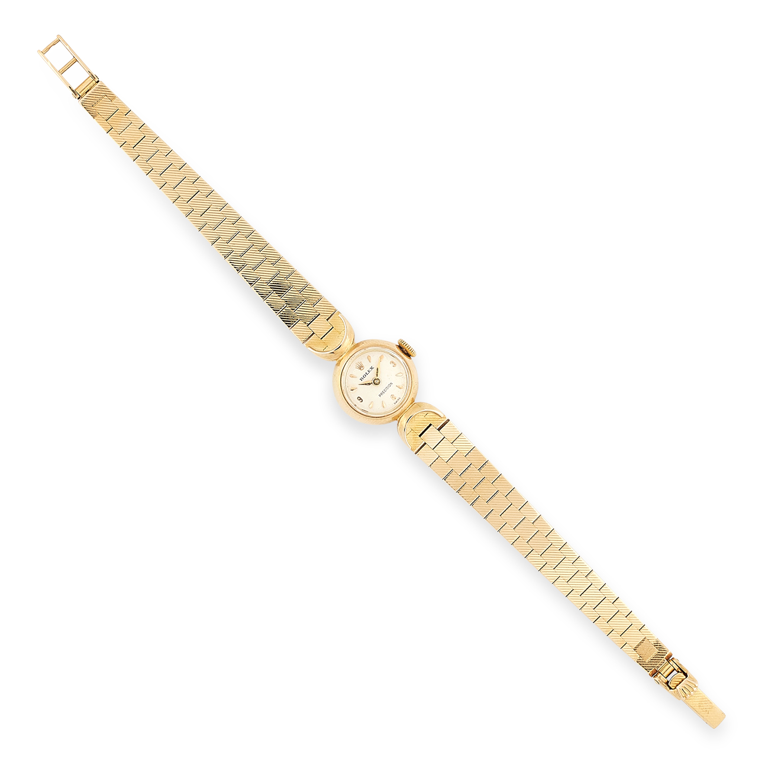 A VINTAGE ROLEX COCKTAIL WATCH in 18ct yellow gold, the circular dial set within a textured tapering