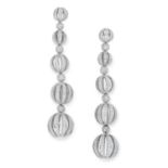 A PAIR OF DIAMOND DROP EARRINGS in the form of a row of graduated openwork balls set with round