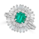 AN EMERALD AND DIAMOND CLUSTER RING comprising of an emerald cut emerald of 0.95 carats in a