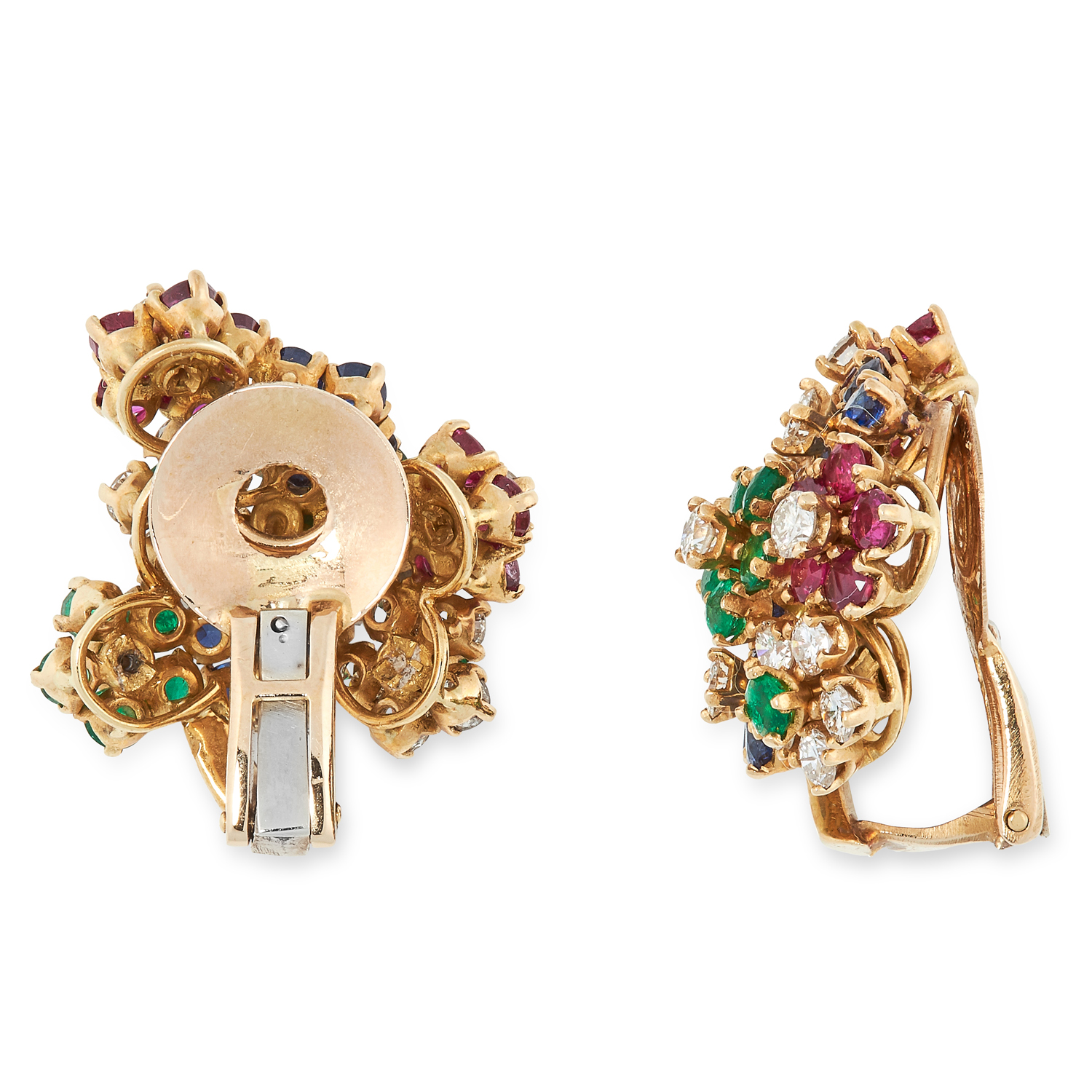 A PAIR OF VINTAGE RUBY, SAPPHIRE, EMERALD AND DIAMOND CLIP EARRINGS, 1960s in high carat yellow - Image 2 of 2