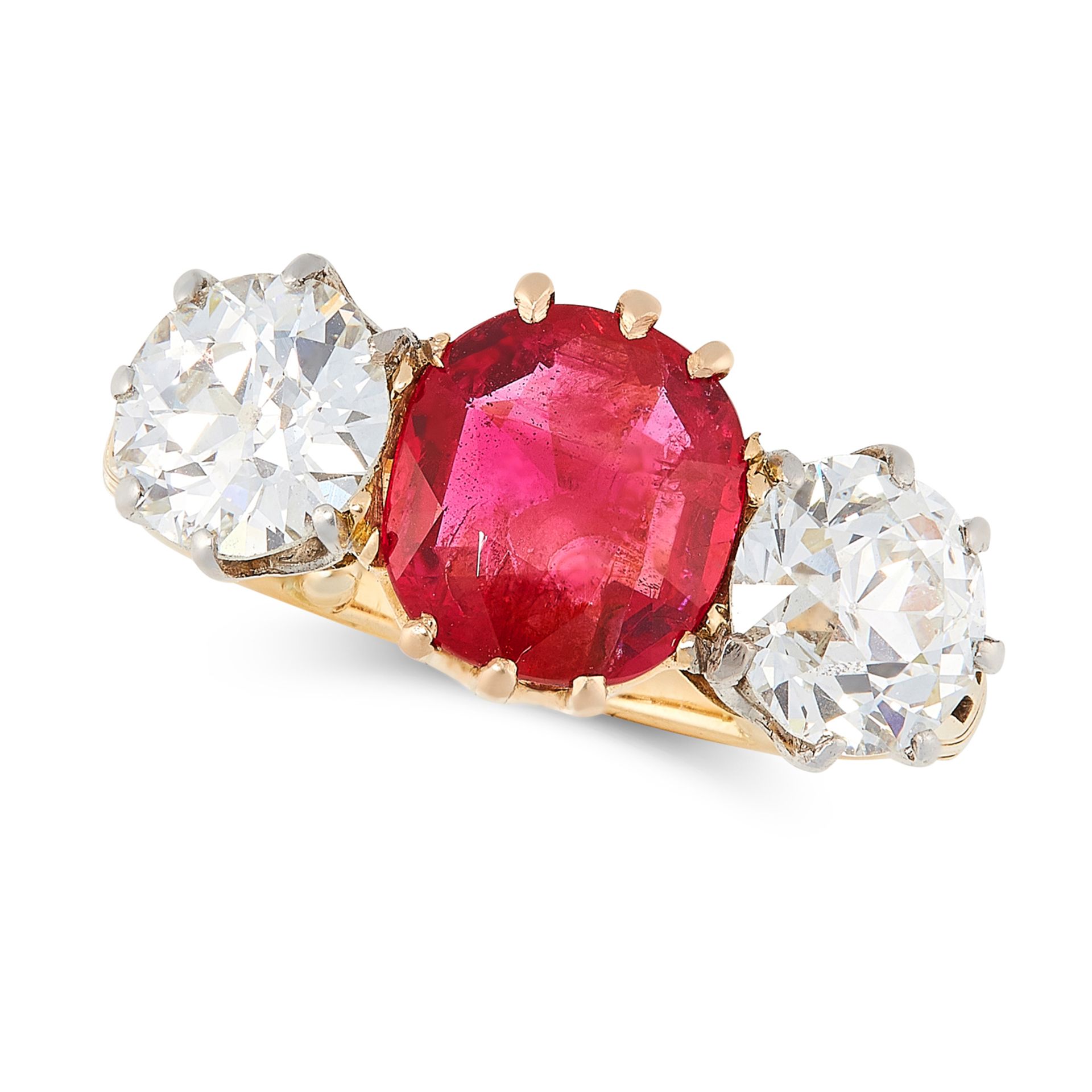 A 1.83 BURMA NO HEAT RUBY AND DIAMOND THREE STONE RING, CIRCA 1950 in 18ct yellow gold and platinum,