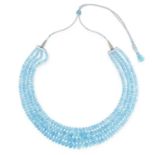 A FOUR ROW AQUAMARINE BEAD NECKLACE comprising of four strands of graduated faceted aquamarine beads