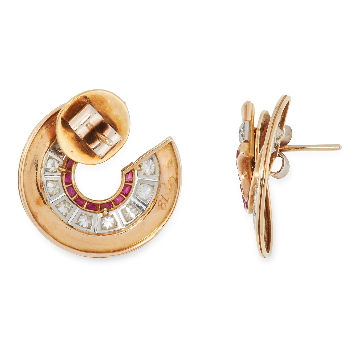 A PAIR OF RETRO SYNTHETIC RUBY AND DIAMOND EARRINGS, 1940s in 18ct yellow gold, each designed as - Image 2 of 2