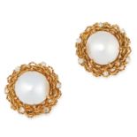 A PAIR OF VINTAGE PEARL AND DIAMOND EARRINGS, 1960s in high carat yellow gold, each set with a