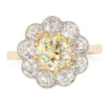 A 1.39 CARAT FANCY YELLOW DIAMOND CLUSTER RING in 18ct yellow gold, set with an old European cut