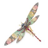 AN ART NOUVEAU RUBY, SAPPHIRE, DIAMOND AND PLIQUE-A-JOUR DRAGONFLY BROOCH in high carat yellow gold,