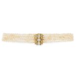 AN ANTIQUE NATURAL PEARL, DIAMOND AND ENAMEL CHOKER NECKLACE in high carat yellow gold, comprising