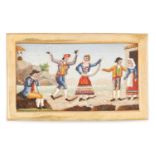 AN ANTIQUE MICROMOSAIC PLAQUE MIRROR depicting a village scene of frivolities relieved in polished