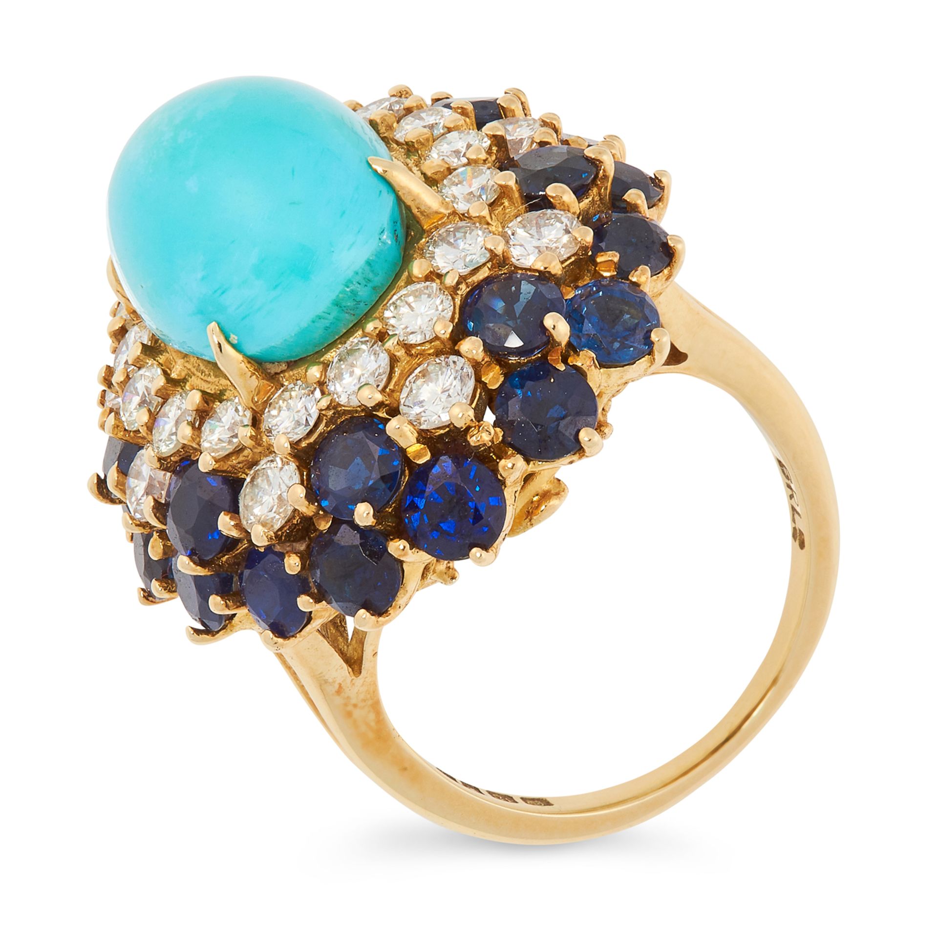 A VINTAGE TURQUOISE, SAPPHIRE AND DIAMOND RING, BEN ROSENFELD 1972 in 18ct yellow gold, set with - Bild 2 aus 2