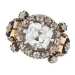 AN ANTIQUE DIAMOND AND ENAMEL RING, 19TH CENTURY in high carat yellow gold and silver, set with an