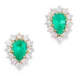 A PAIR OF EMERALD AND DIAMOND CLUSTER EARRINGS each comprising of a pear cut emerald totalling 3.