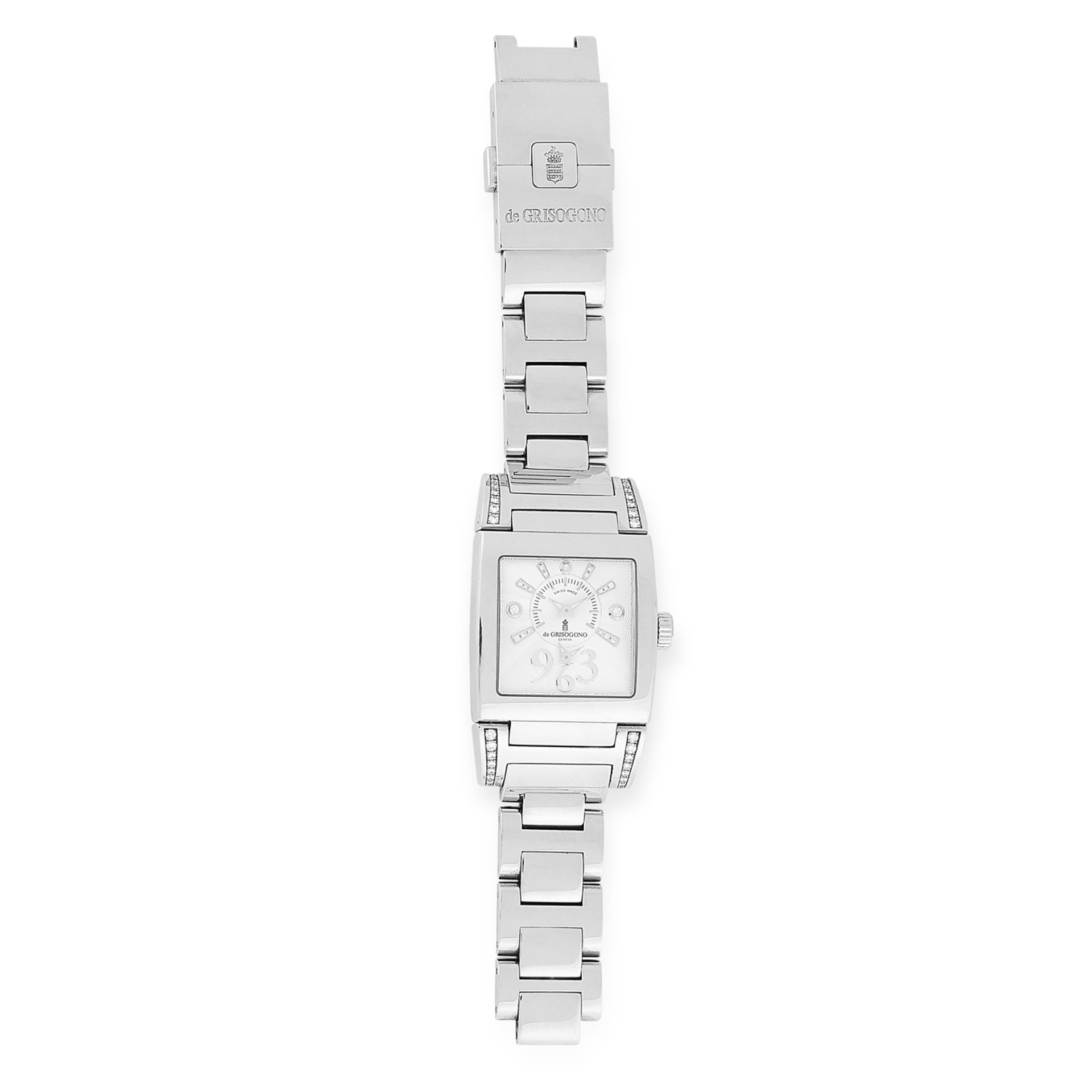 A LADIES DIAMOND WRIST WATCH, DE GRISOGONO in stainless steel, the dial and case accented by