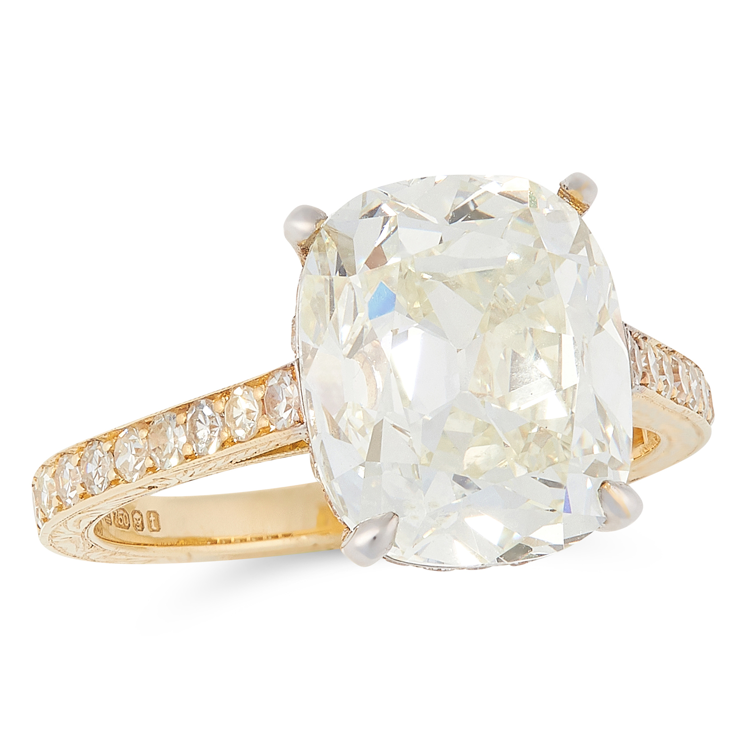 A 5.72 CARAT DIAMOND RING in 18ct yellow gold, claw set with an antique cushion cut diamond of 5. - Image 2 of 3