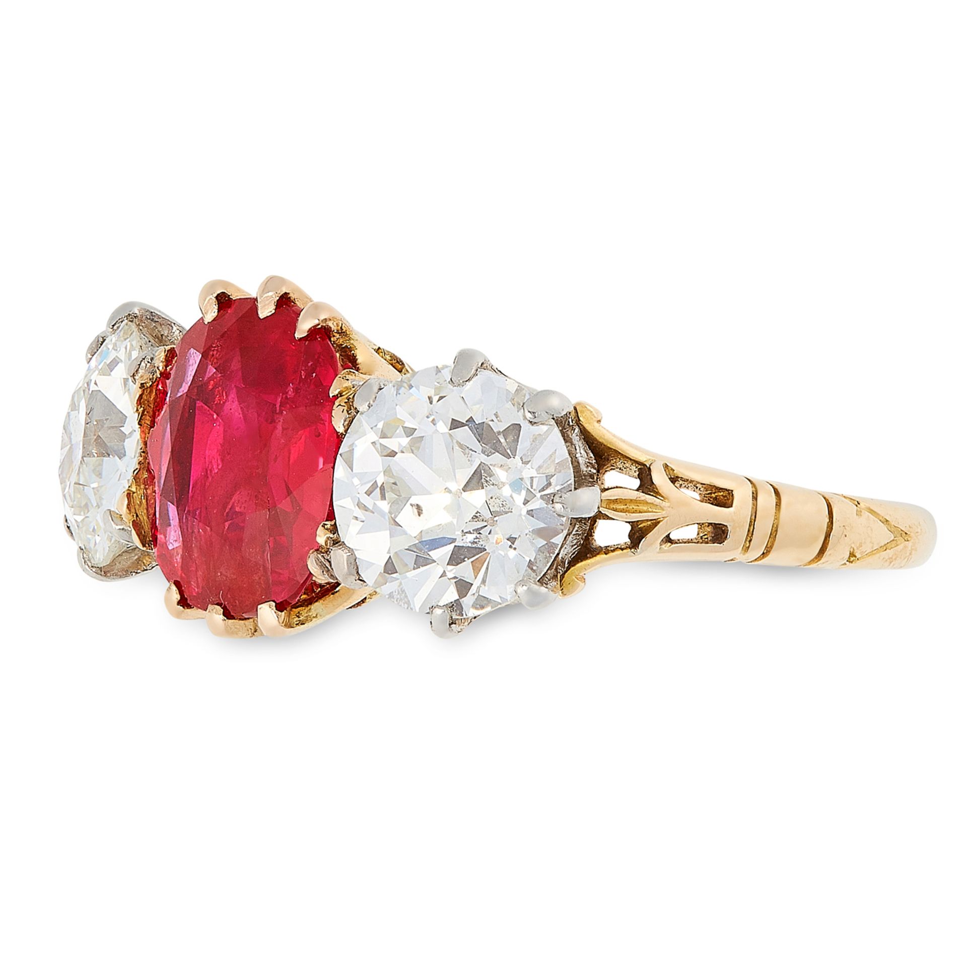 A 1.83 BURMA NO HEAT RUBY AND DIAMOND THREE STONE RING, CIRCA 1950 in 18ct yellow gold and platinum, - Bild 2 aus 2