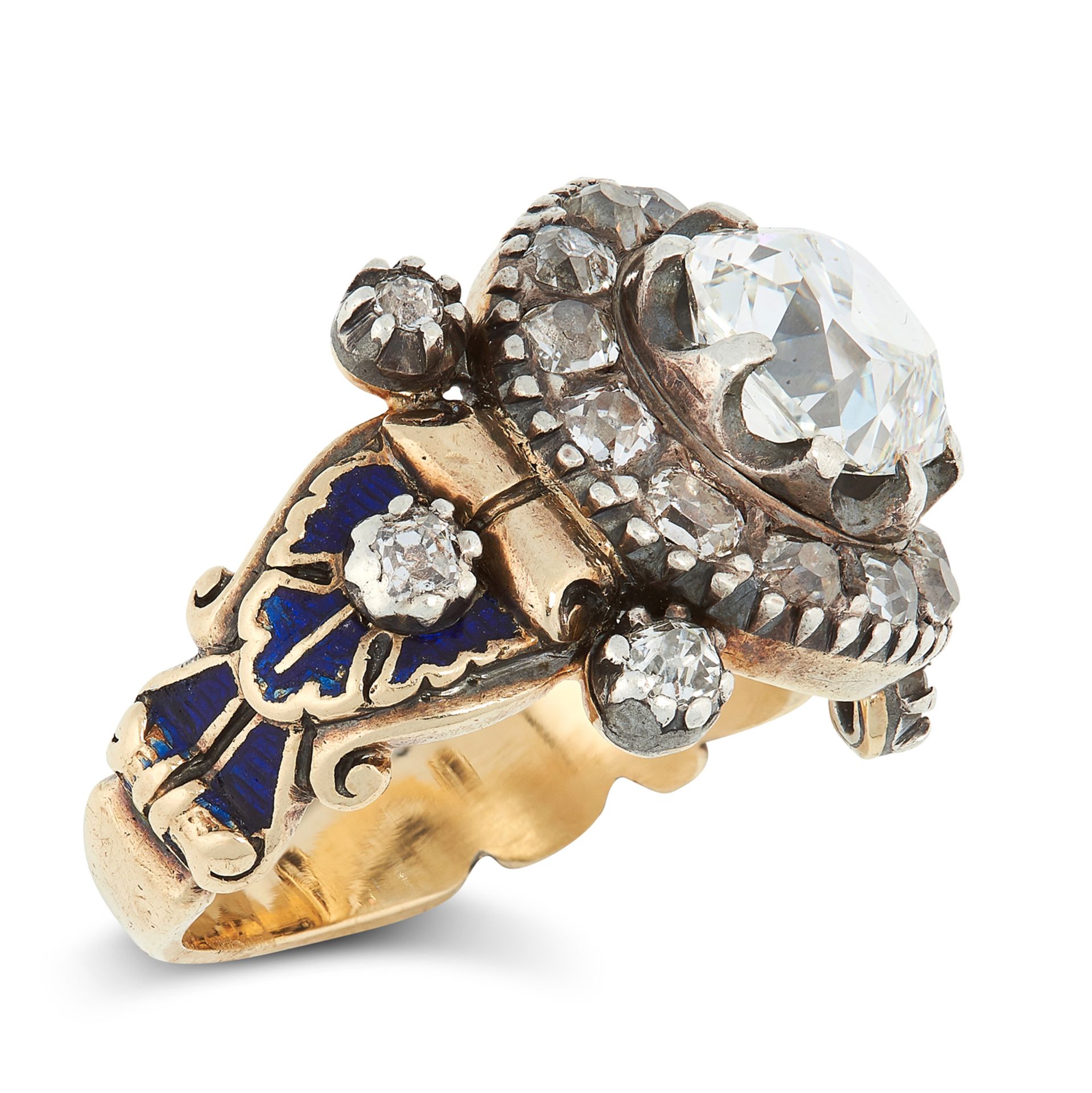 AN ANTIQUE DIAMOND AND ENAMEL RING, 19TH CENTURY in high carat yellow gold and silver, set with an - Bild 2 aus 2