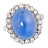 A CEYLON NO HEAT SAPPHIRE AND DIAMOND CLUSTER RING set with a cabochon sapphire of 21.41 carats in a