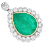 A COLOMBIAN EMERALD AND DIAMOND PENDANT set with a pear cut emerald of 25.81 carats, below an oval