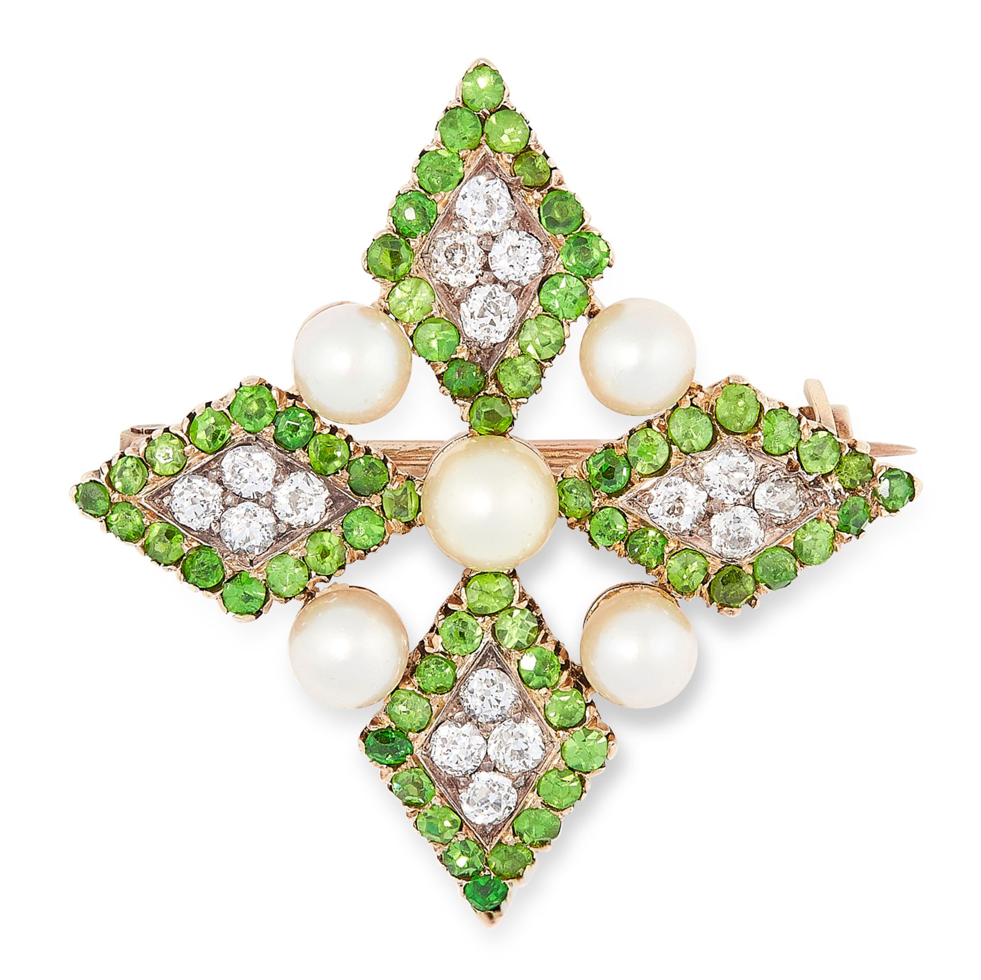 AN ANTIQUE DEMANTOID GARNET, DIAMOND AND PEARL CROSS BROOCH in high carat yellow gold, set with five