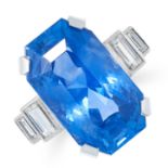 A 21.36 CARAT CEYLON NO HEAT SAPPHIRE AND DIAMOND RING in platinum, set with an emerald cut sapphire