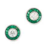 A PAIR OF DIAMOND AND EMERALD TARGET EARRINGS each set with a round cut diamond within a border of