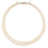 AN ANTIQUE PEARL TWO ROW NECKLACE in yellow gold, comprising two rows of graduated pearls ranging