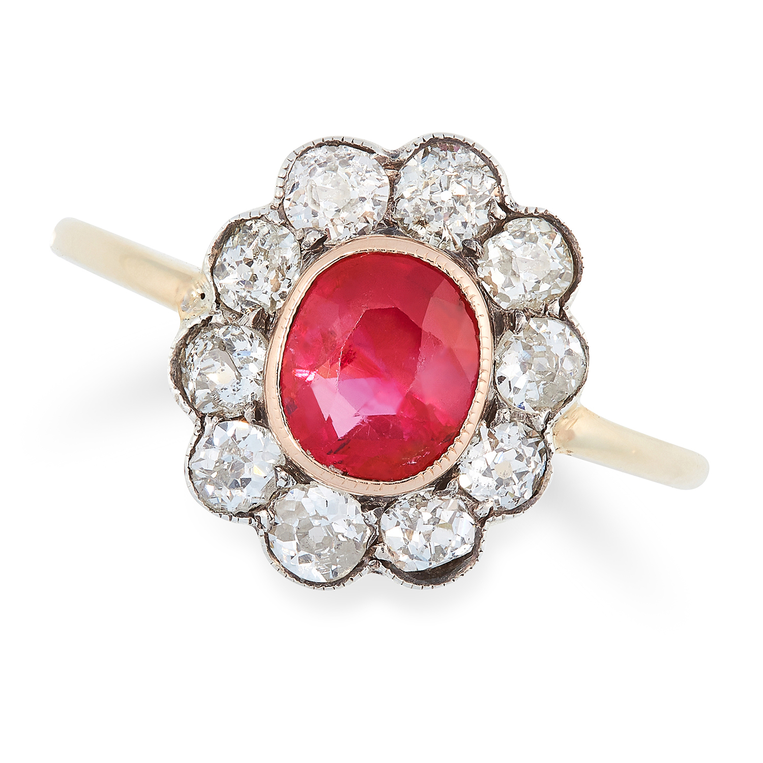 AN ANTIQUE 1.50 CARAT BURMA NO HEAT RUBY AND DIAMOND RING in high carat gold, set with a cushion cut