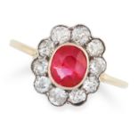 AN ANTIQUE 1.50 CARAT BURMA NO HEAT RUBY AND DIAMOND RING in high carat gold, set with a cushion cut