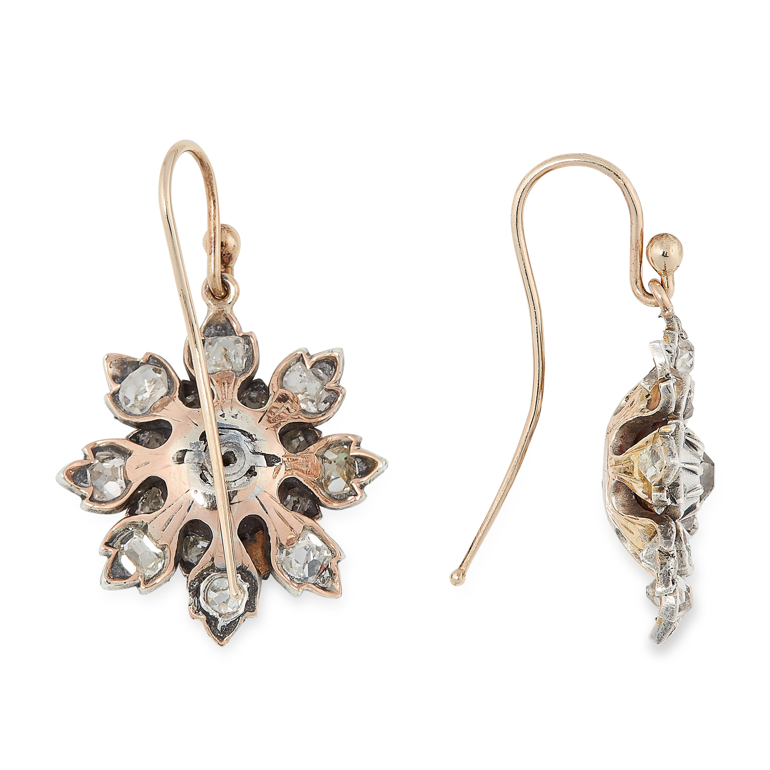 A PAIR OF ANTIQUE DIAMOND FLOWER EARRINGS in yellow gold, depicting a flower head set with old cut - Image 2 of 2