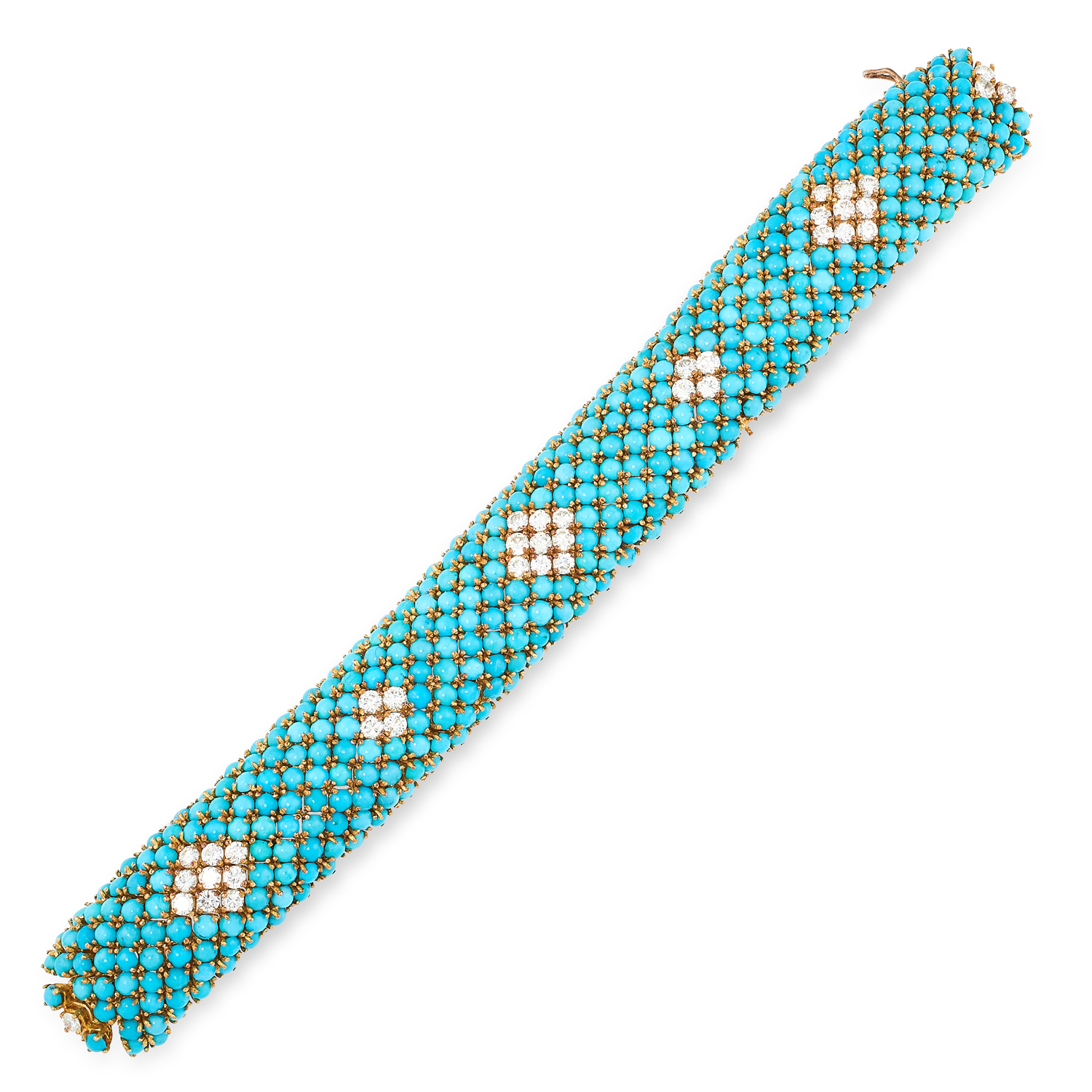 A VINTAGE TURQUOISE AND DIAMOND BRACELET, BEN ROSENFELD 1962 in 18ct yellow gold, jewelled all