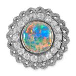 AN ANTIQUE BLACK OPAL AND DIAMOND BROOCH in yellow gold and silver, set with a round cabochon