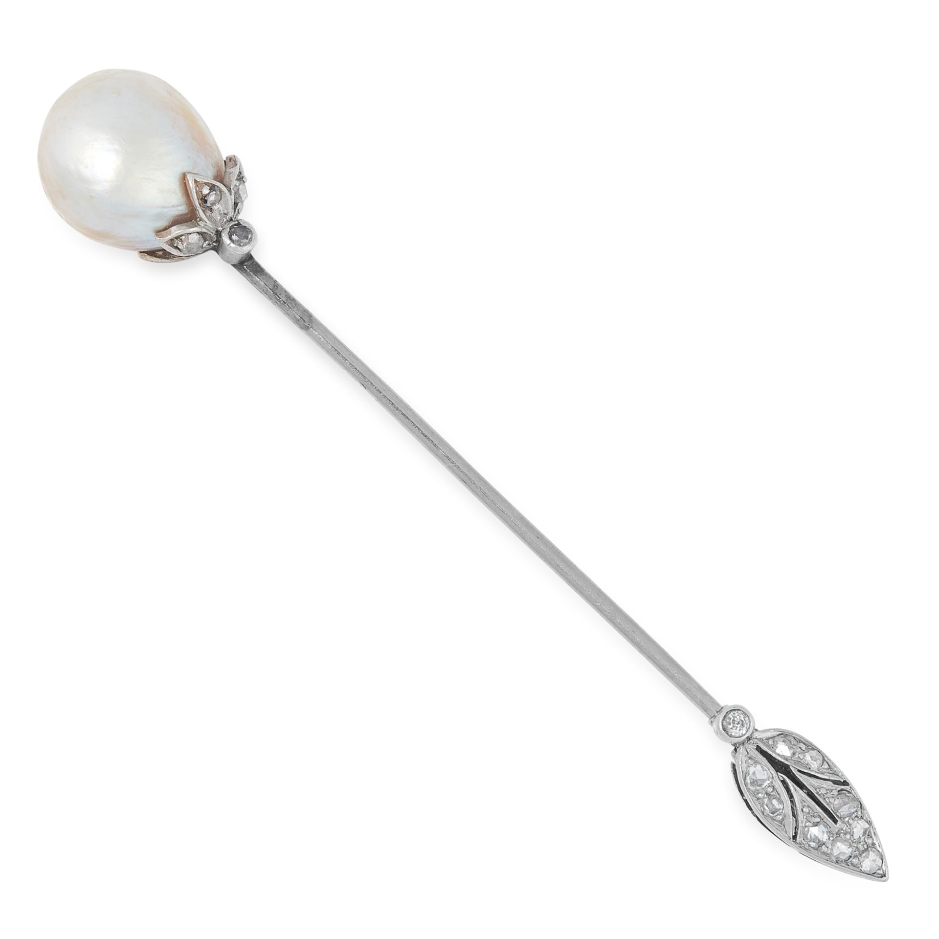 AN ANTIQUE NATURAL SALTWATER PEARL AND DIAMOND JABOT PIN in platinum and gold, set at one end with a
