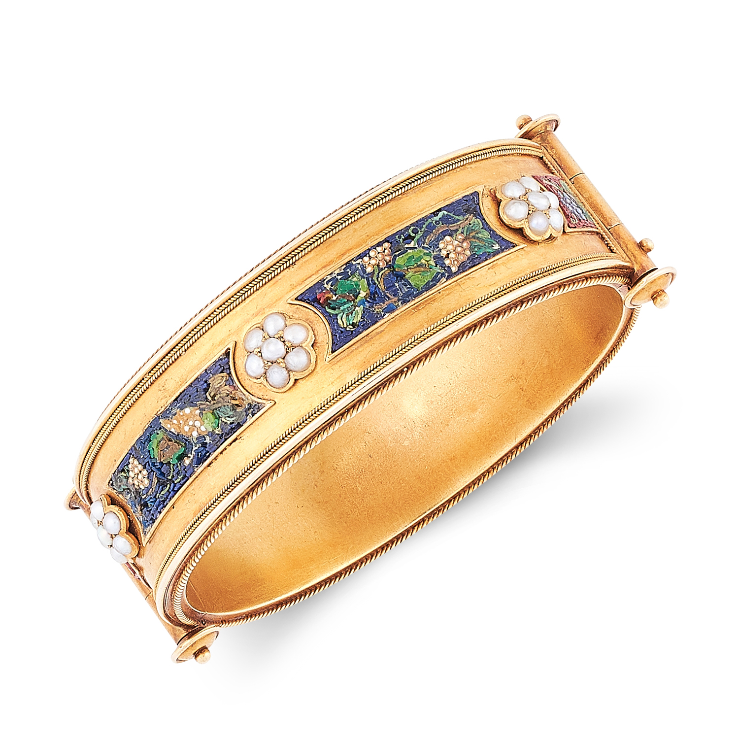 AN ANTIQUE MOSAIC AND PEARL BANGLE, 19TH CENTURY in high carat gold, in Etruscan revival design, set - Image 2 of 2