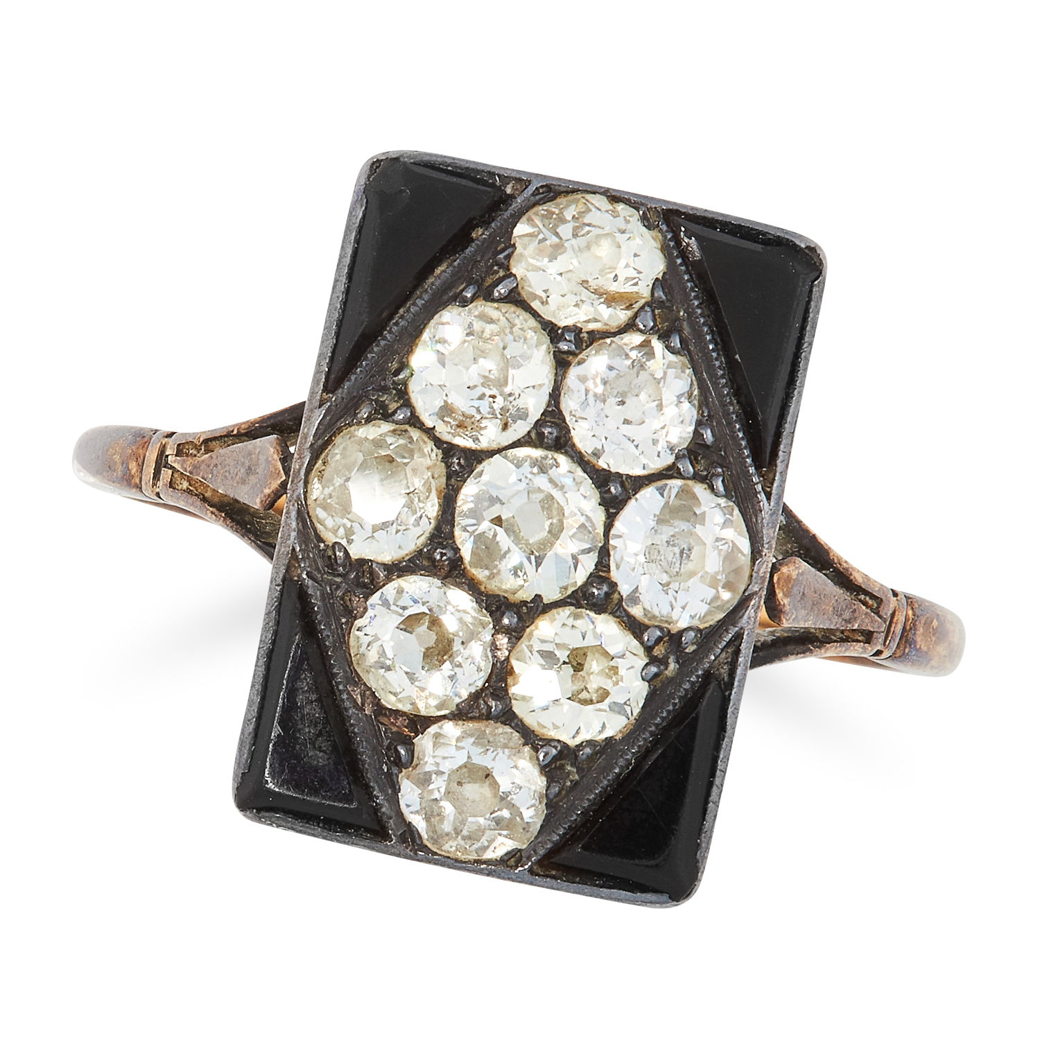 AN ANTIQUE DIAMOND AND ONYX RING in 18ct gold, the rectangular face set with nine old cut diamonds