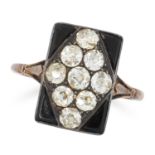 AN ANTIQUE DIAMOND AND ONYX RING in 18ct gold, the rectangular face set with nine old cut diamonds