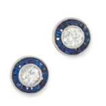 A PAIR OF DIAMOND AND SAPPHIRE TARGET EARRINGS each set with a round cut diamond within a border